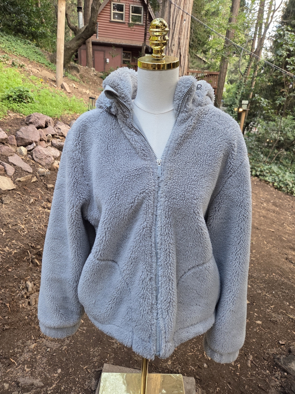 Carbon38 Womens Light Blue/ Grey Sherpa Plush Hooded Zip-Up Jacket